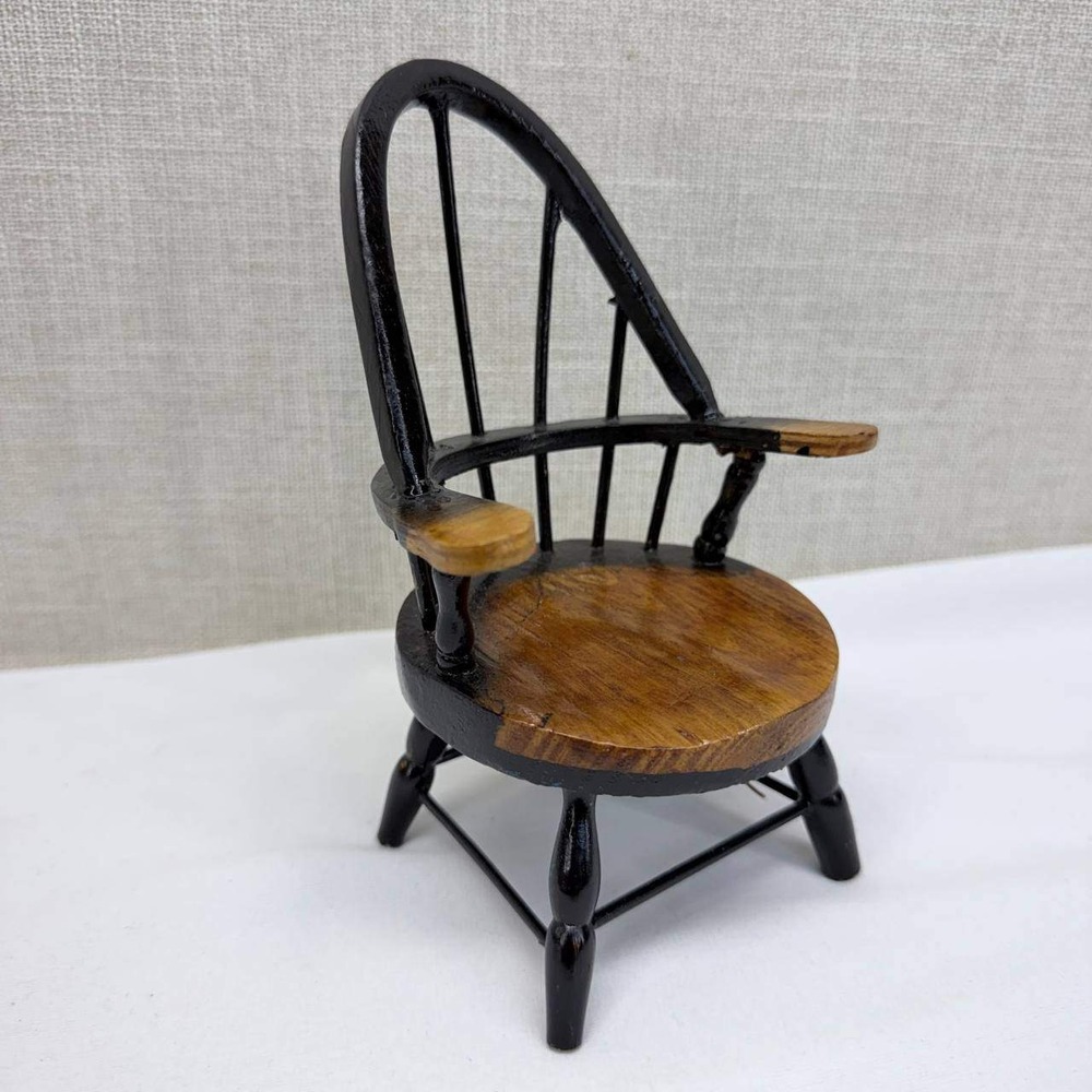 Vintage Miniature Wooden Windsor Chair Black Two Tone Dollhouse Furniture 5.5in
